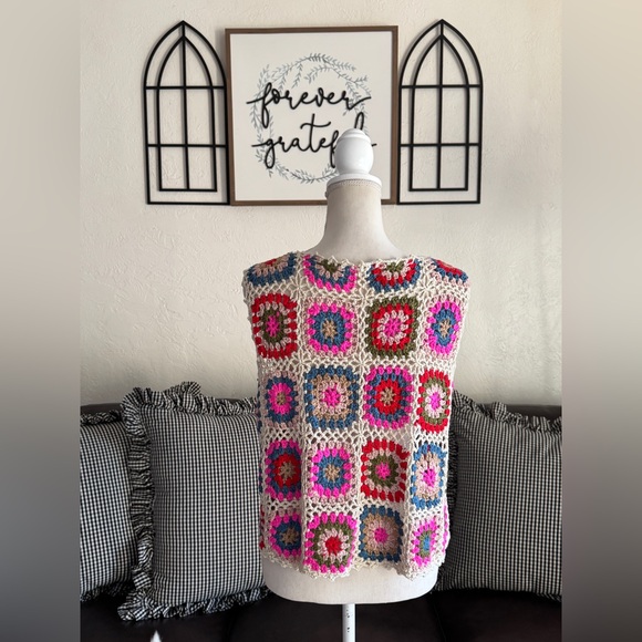 NATURAL LIFE Crochet Granny Square Colorful Boho Hippie Tie-Front Vest Size L/XL - Picture 13 of 14